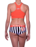 Rear view of rear view of Ginch Gonch Score gogo briefs showing anti-muffin waistband and referee stripe print cotton