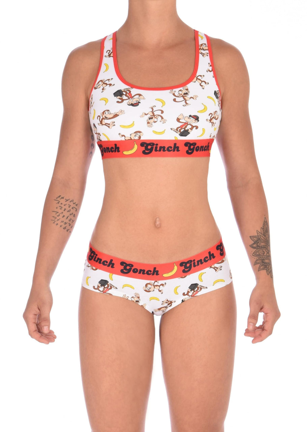 Full front view of a model wearing Ginch Gonch Gone Bananas gogo briefs showing anti-muffin waistband and monkey print stretch cotton with matching sports bra.