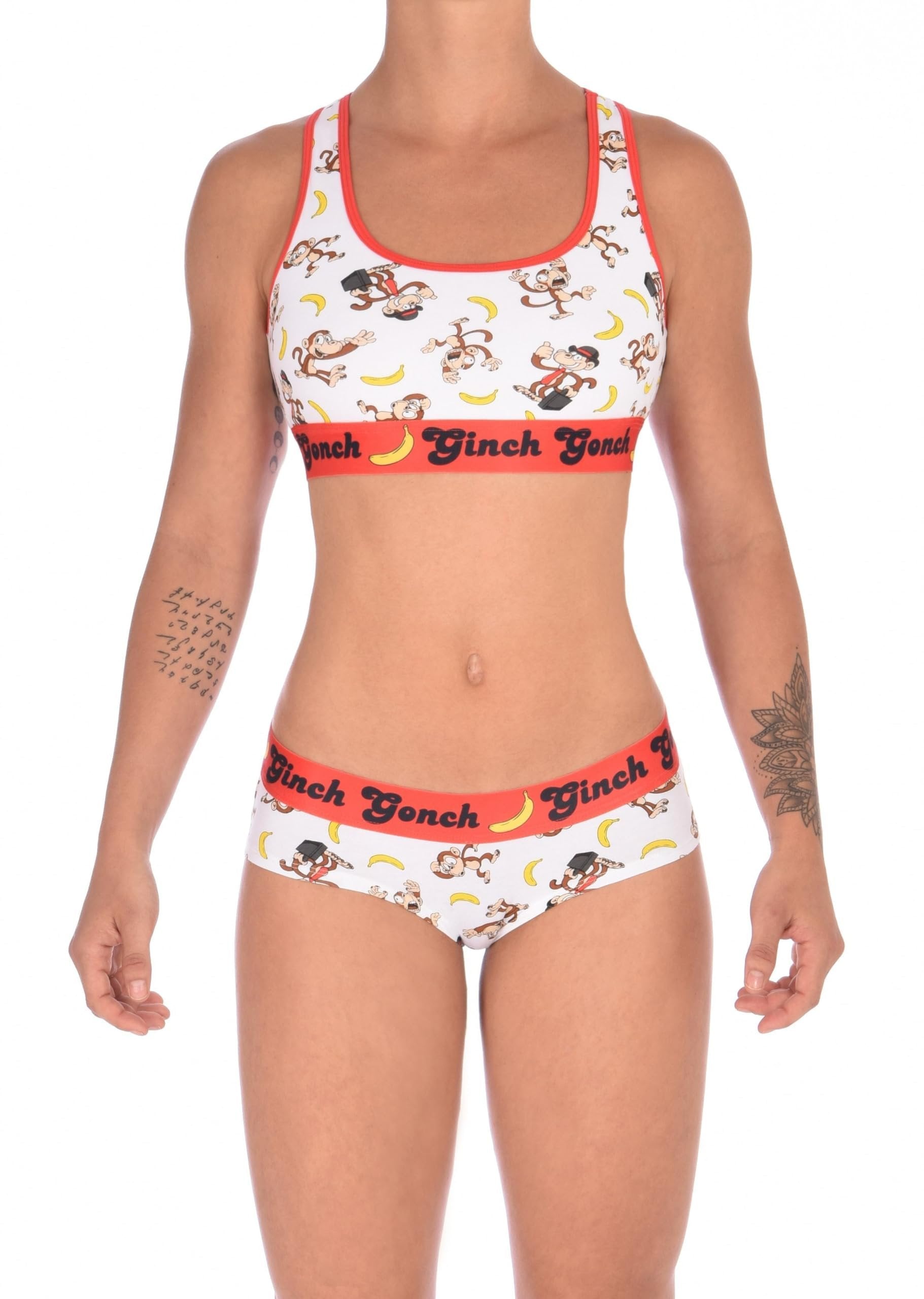 Full front view of a model wearing Ginch Gonch Gone Bananas gogo briefs showing anti-muffin waistband and monkey print stretch cotton with matching sports bra.