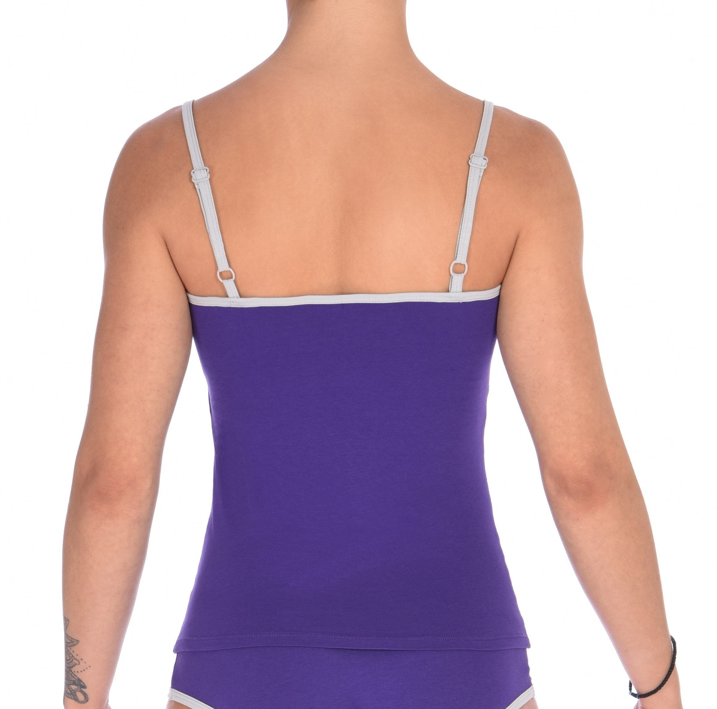 Back detail view of a model wearing a Ginch Gonch Purple Haze cami showing adjustable straps and solid color stretch cotton.