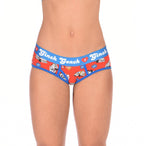 Ginch Gonch GG EMT Women's boyfriend briefs in playful medical print, 4-way stretch cotton full coverage cut, worn by model