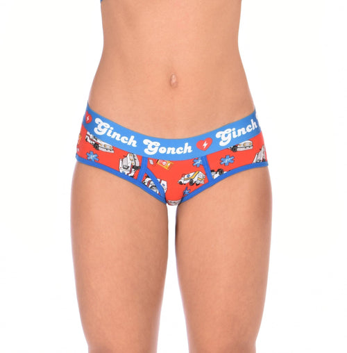 Ginch Gonch GG EMT Women's boyfriend briefs in playful medical print, 4-way stretch cotton full coverage cut, worn by model