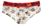 Rear view of a flat lay Ginch Gonch Gone Bananas gogo briefs showing anti-muffin waistband and monkey print stretch cotton.