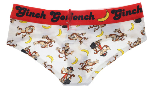 Rear view of a flat lay Ginch Gonch Gone Bananas gogo briefs showing anti-muffin waistband and monkey print stretch cotton.