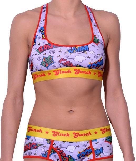 Ginch Gonch Under-Man Women's sports bra in comic multicolor design, 4-way stretch cotton supportive racerback bralette worn by a model.