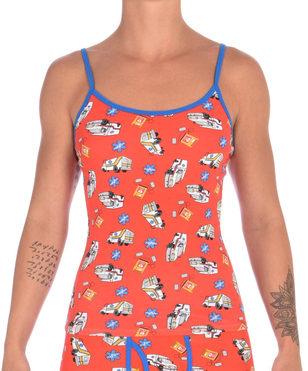 Ginch Gonch GG EMT Women's camisole in playful medical emergency print, 4-way stretch cotton with adjustable straps worn by a model