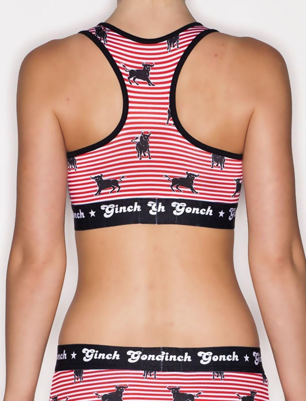 Rear view of Ginch Gonch Wild Bulls sports bra showing racerback strap design and bull graphic print on 4-way stretch cotton