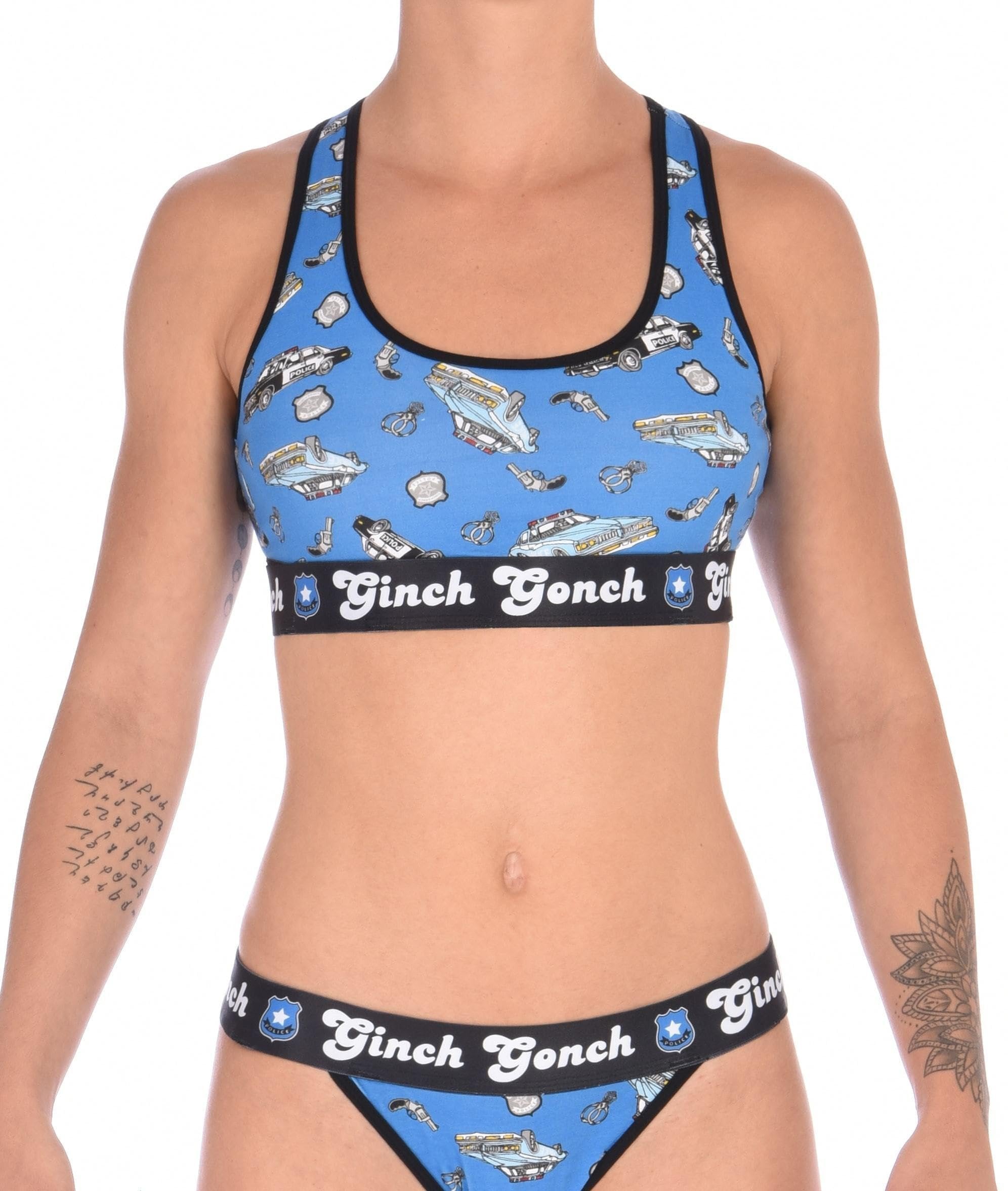 Seen from behind, rear view of Ginch Gonch GG Patrol sports bra showing wire-free back design and police print stretch cotton
