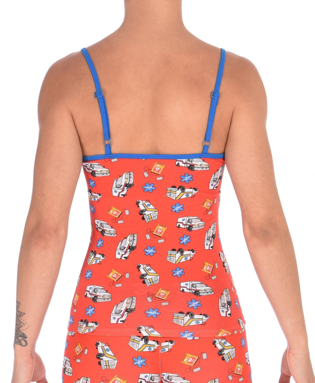 Rear view of a  model wearing Ginch Gonch GG EMT cami showing adjustable straps and medical print cotton fabric.