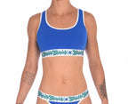 Front detail view Ginch Gonch Blue Lagoon sports bra showing comfortable band and solid royal blue 4-way stretch cotton fabric