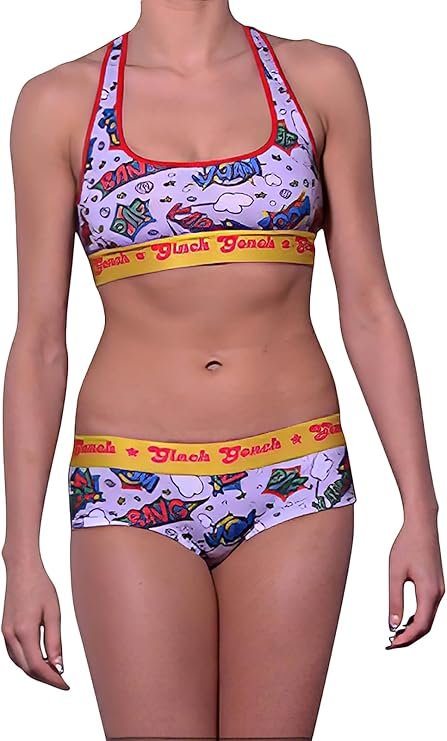 Ginch Gonch Under-Man Women's gogo briefs in bold superhero print, 4-way stretch cotton low-rise bikini fit, worn by model