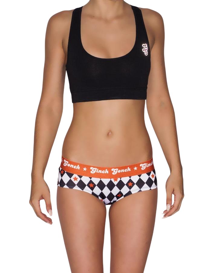 Ginch Gonch Backstage Pass Women's gogo briefs in edgy diamond argyle print, 4-way stretch cotton low-rise bikini fit, worn by model