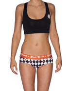 Ginch Gonch Backstage Pass Women's gogo briefs in edgy diamond argyle print, 4-way stretch cotton low-rise bikini fit, worn by model
