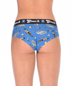 Rear view of a model wearing Ginch Gonch GG Patrol blue gogo briefs showing anti-muffin waistband and police print stretch cotton