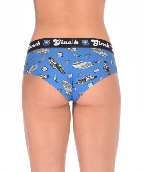 Rear view of a model wearing Ginch Gonch GG Patrol blue gogo briefs showing anti-muffin waistband and police print stretch cotton