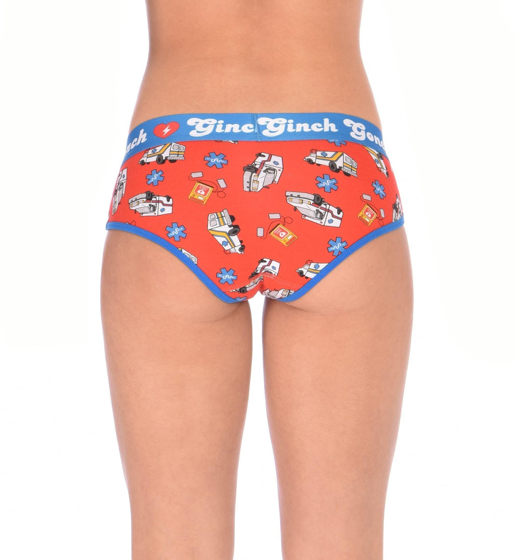 Seen from behind, rear view of Ginch Gonch GG EMT boyfriend briefs showing full seat coverage and medical print stretch cotton