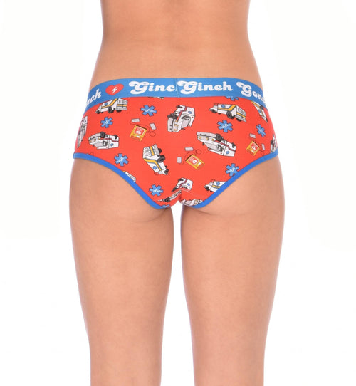 Seen from behind, rear view of Ginch Gonch GG EMT boyfriend briefs showing full seat coverage and medical print stretch cotton