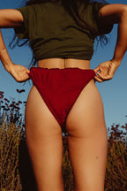 Paulette & Maria Burgundy organic cotton panties, back view on a white background.