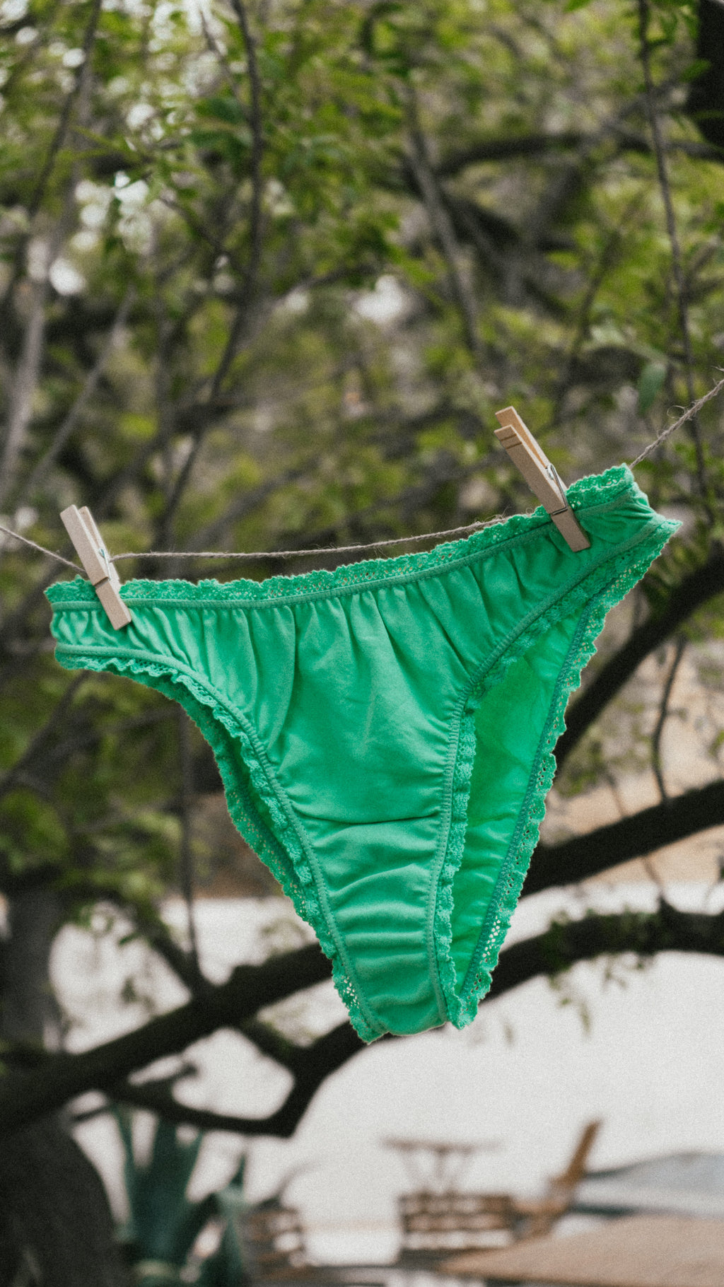 Paulette & Maria Neptune Green organic cotton panties, clothesline outdoor lifestyle view.