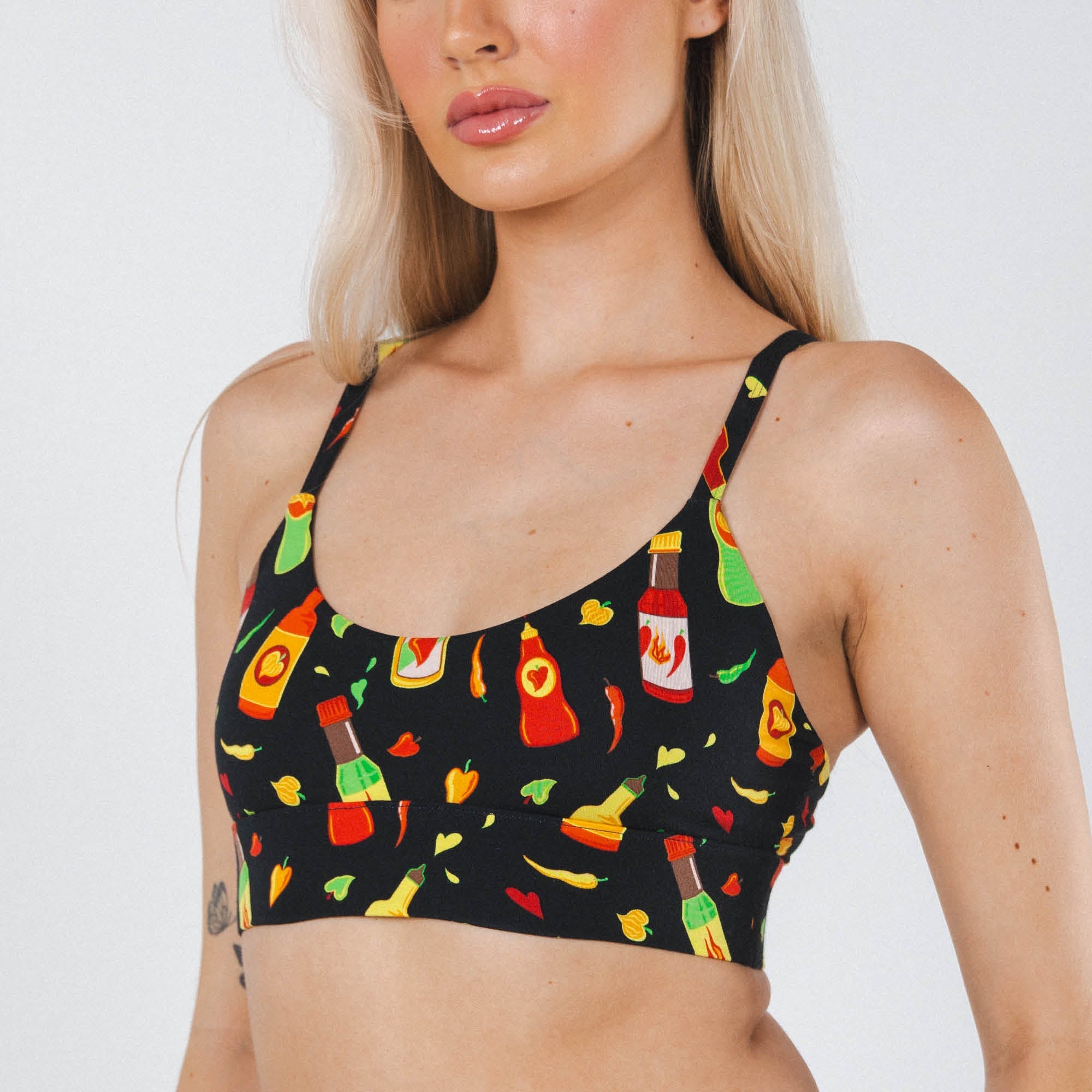Shinesty The Gotcha Sriracha hot sauce Boob Hammock scoop bralette – funny food bralette