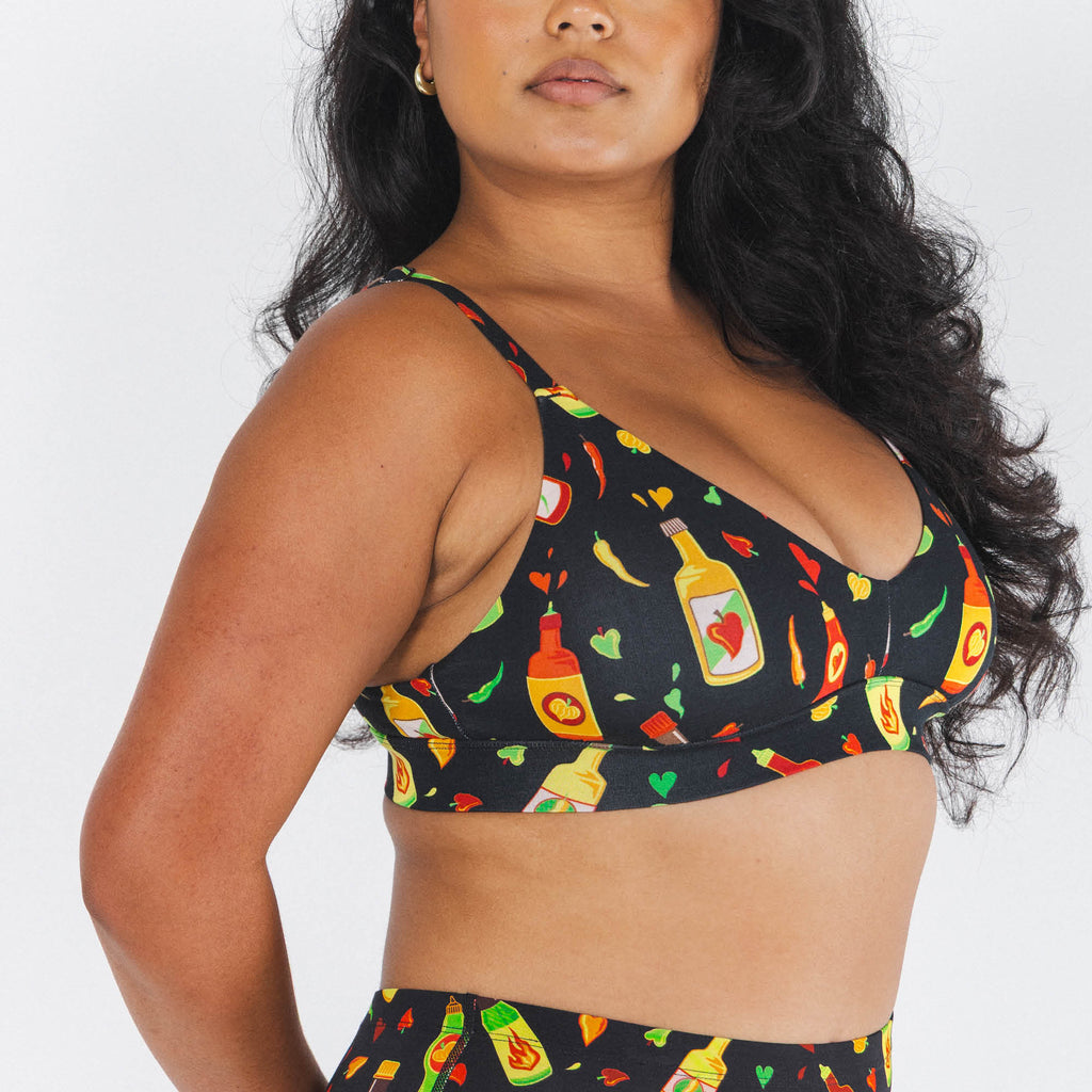 Shinesty The Gotcha Sriracha hot sauce Boob Hammock plunge bralette – funny novelty bralette
