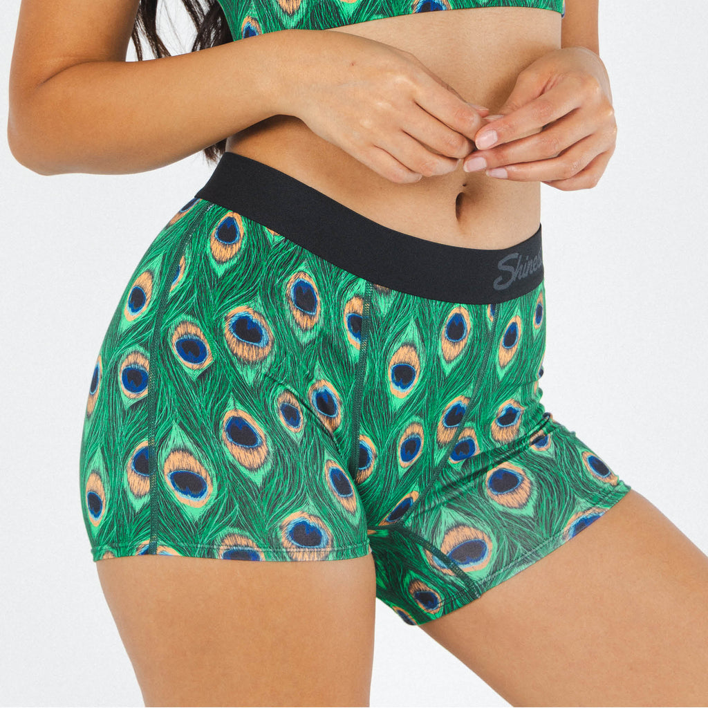 Shinesty The Fancy Feather peacock women's boxers – bold jewel tone novelty lounge