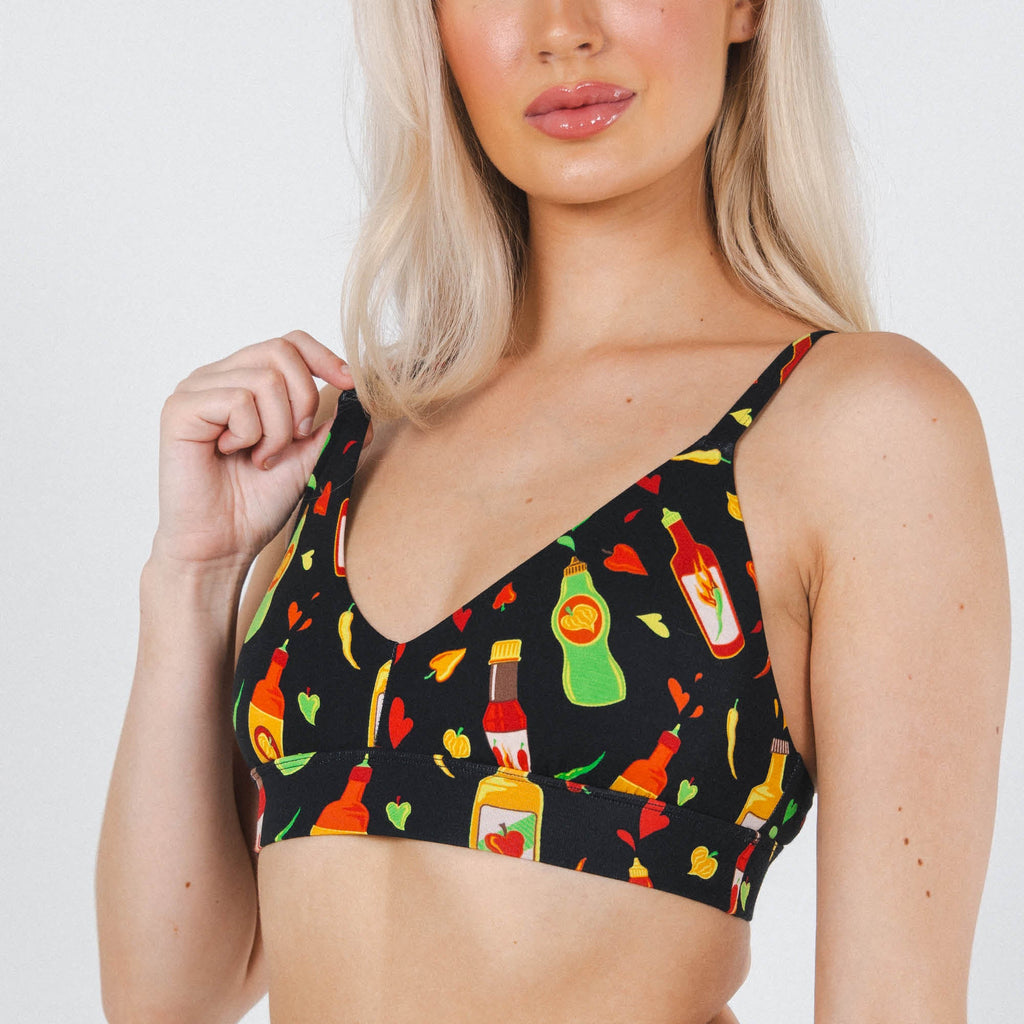 Shinesty The Gotcha Sriracha hot sauce Boob Hammock plunge bralette – funny novelty bralette
