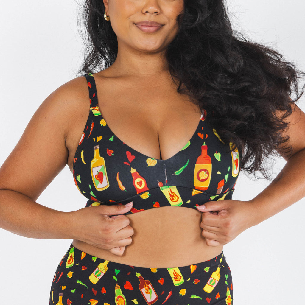 Shinesty The Gotcha Sriracha hot sauce Boob Hammock plunge bralette – funny novelty bralette