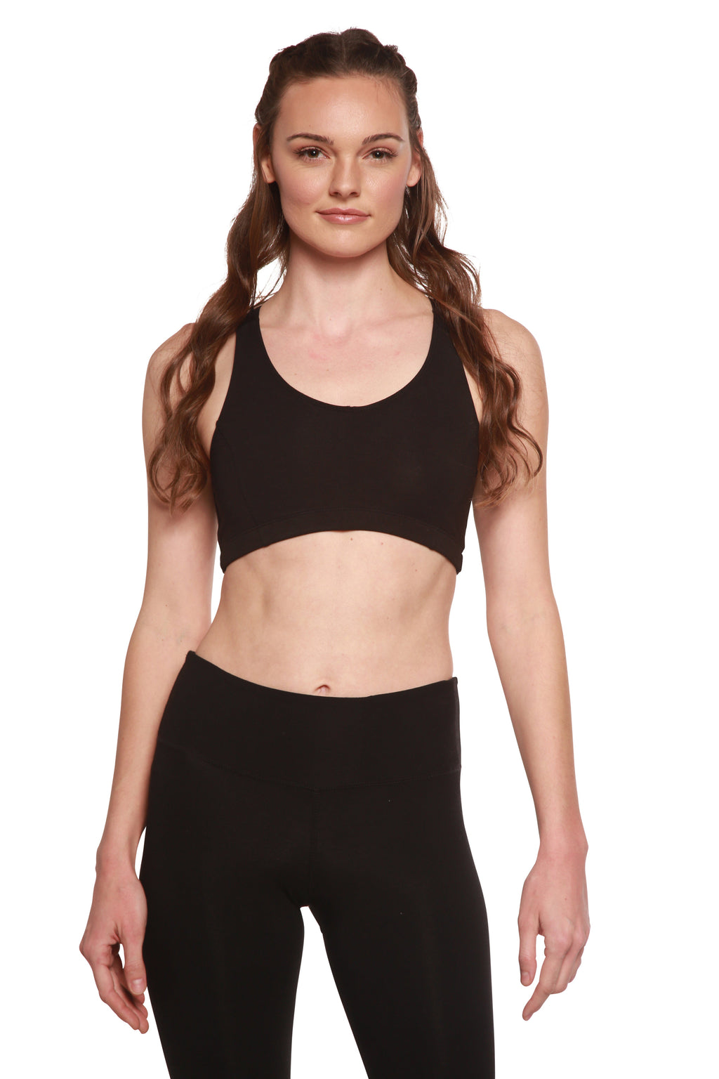 Spun Bamboo Women's Padded Sports Bra in Black, detail of removable padding on a white background.