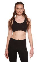Spun Bamboo Women's Padded Sports Bra in Black, detail of removable padding on a white background.