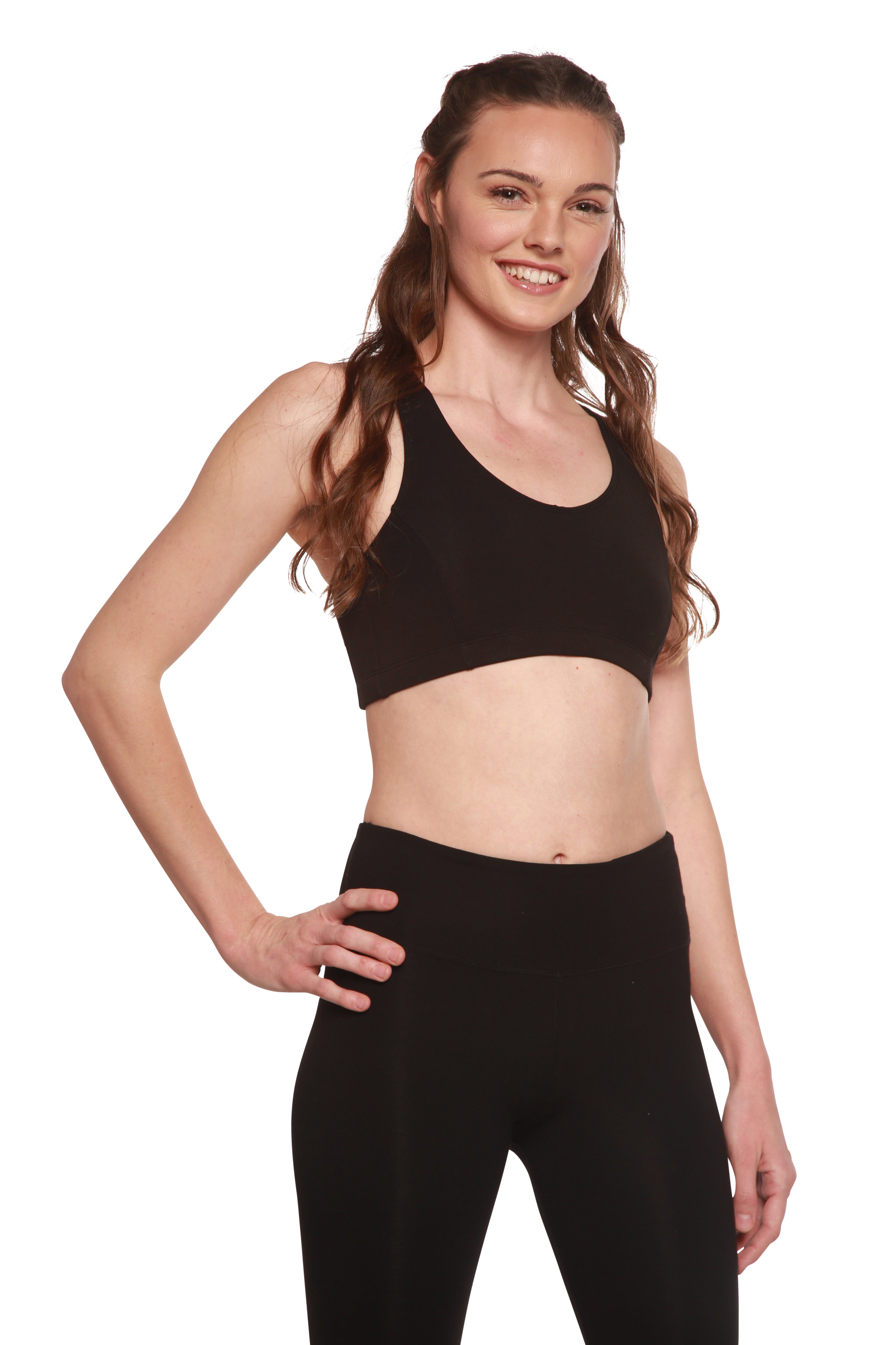 Spun Bamboo Women's Padded Sports Bra in Black, worn on model, front view on a white background.