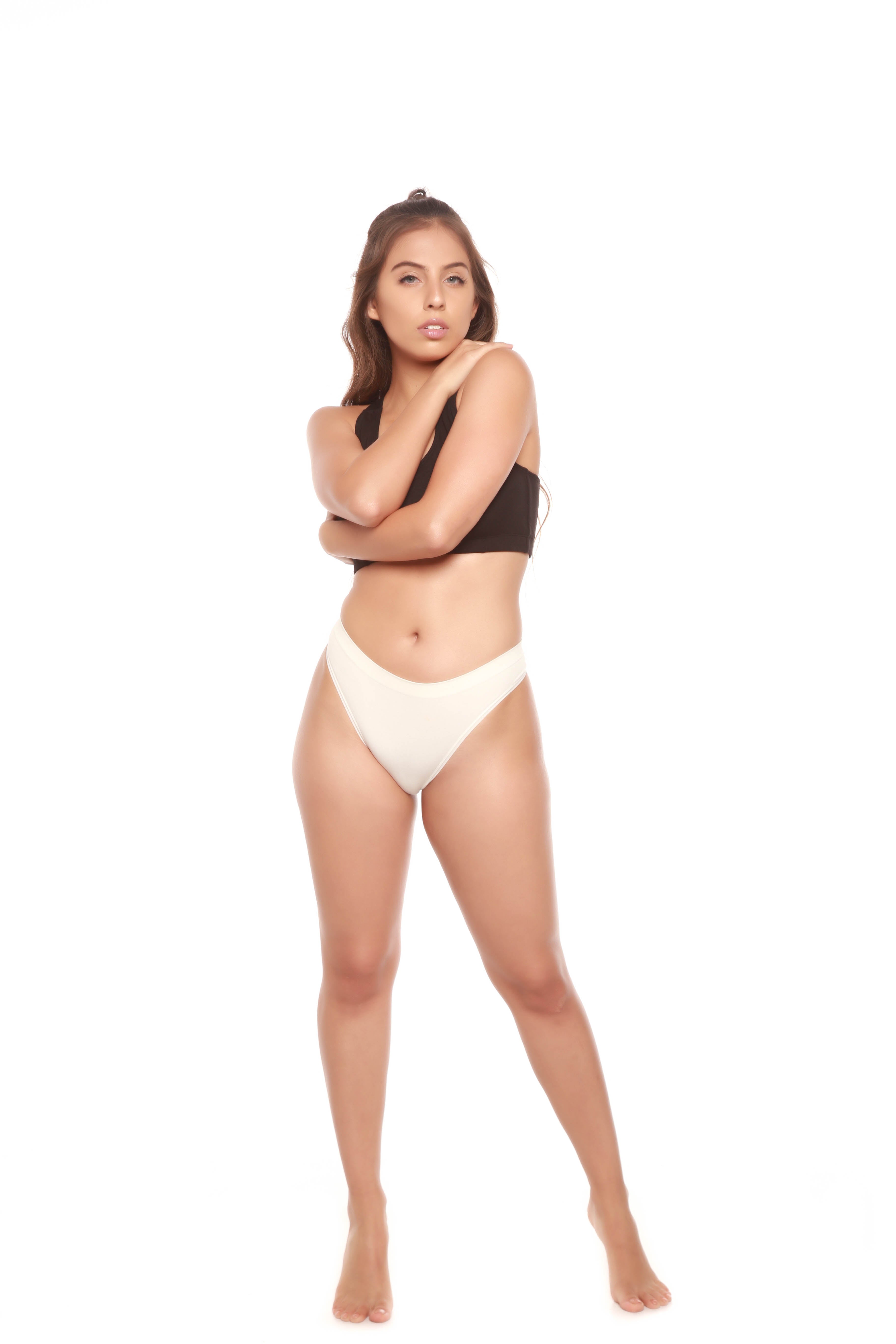 Spun Bamboo PantyBoo Women's Bamboo Thong worn on model, back view on a white background.